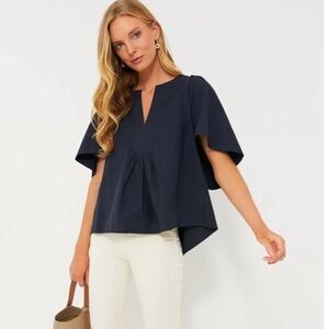 Pomander Place Tuckernuck Finley Flutter Sleeve Navy Blue Blouse Top
